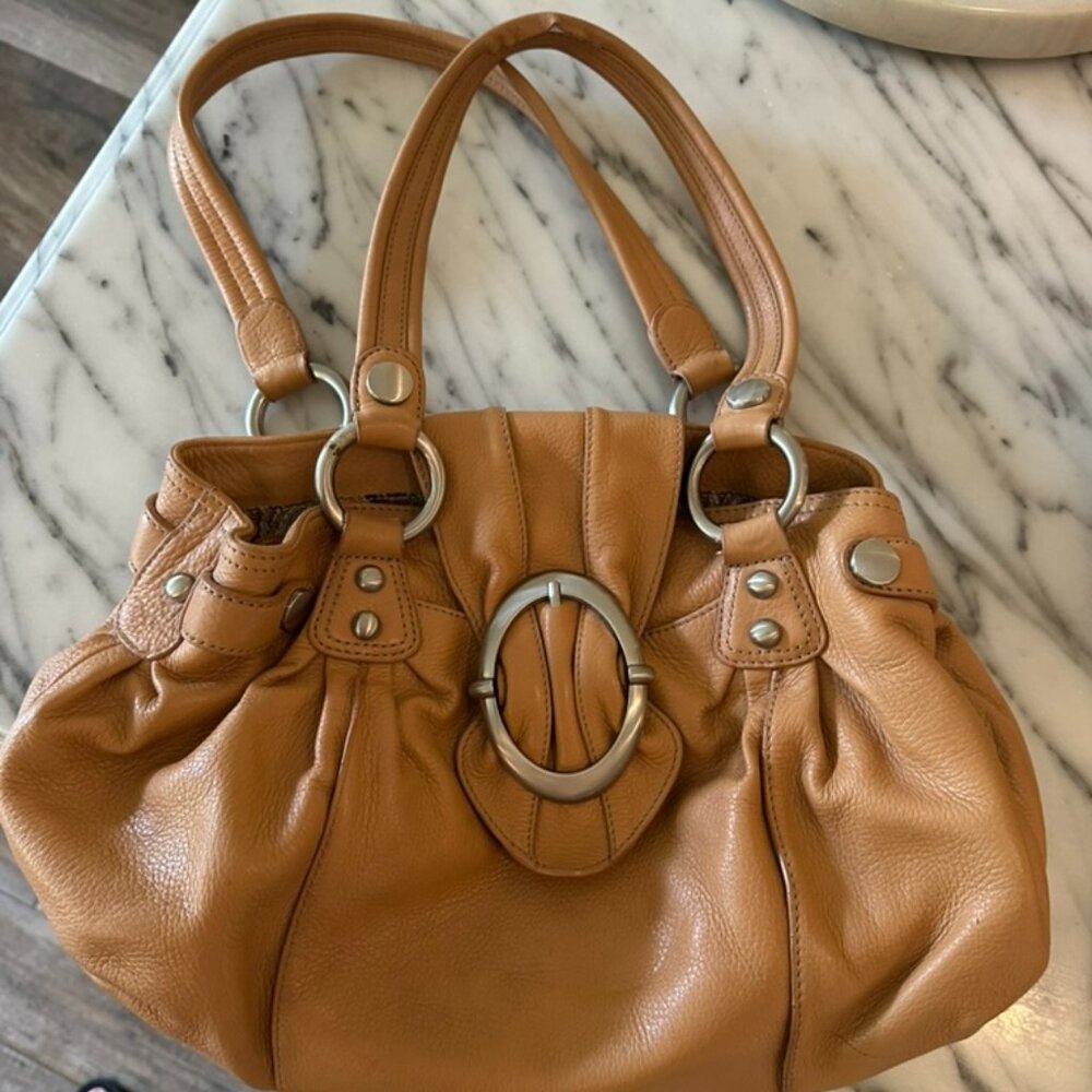 Tan leather buckle shoulder classic purse